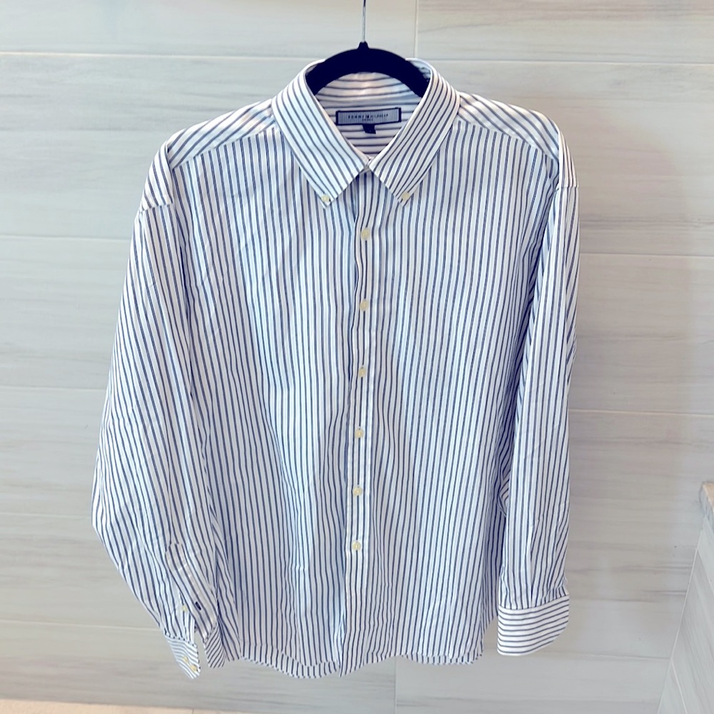 TOMMY HILFIGER Long Slve Button Dn Dress Shirt Size LARGE  16 34/35-Blue Stripe
